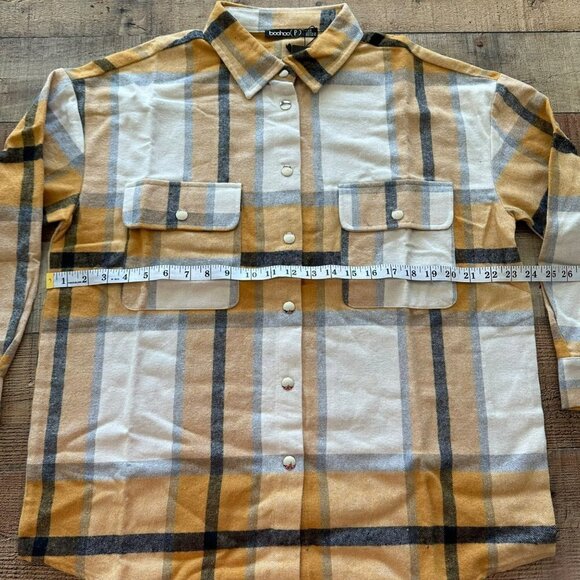 Boohoo petite mustard yellow and cream checked shacket women's size 2 petite - Picture 7 of 7